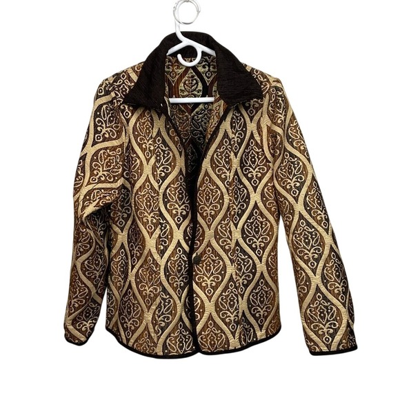 Khangura Jackets & Blazers - Khangura Women Brown Gold Tapestry Damask Blazer Jacket Single Button Large